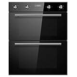 Cookology CDO720BK 60cm Combined 88 Litre Capacity Large Built Under Electric True Fan Double Oven with Easy Programmable Timer and Digital Clock - in Black Glass