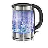 Russell Hobbs Illuminating 1.7L Electric Cordless Glass Kettle with black/brushed stainless steel accents (Fast Boil 3KW, Washable anti-scale filter, Button to open lid, Perfect pour spout) 21600-10