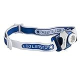 Ledlenser SEO7R - Rechargeable LED Head Torch, Super Bright 220 Lumens Headlamp, Powerful Strobe Self Defense, Camping Headlight, Running Torch, Hiking Equipment, Up to 20 Hours Running Time - Blue