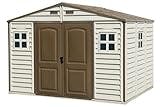 Duramax WoodSide 10 x 8 Plastic Garden Shed with 3 Fixed Windows & Metal Foundation Kit, Strong Metal Roof Structure Fire Retardant and Maintenance-Free Storage Shed - Ivory/Brown