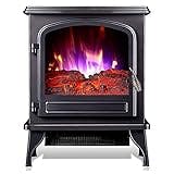 MILECN Electric Fireplace Stove Heater with Log Wood Burner Effect - 2000W with Fire Flame Effect, Freestanding Portable, Wood Burning LED Light - Black