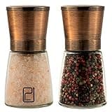 Premium Copper Salt and Pepper Mill Set - Stainless Steel Grinder Set with Stand, Magnetic Lids, Ceramic Spice Grinders with Adjustable Coarseness, Top Salt and Pepper Shakers with Glass Body - 2pcs